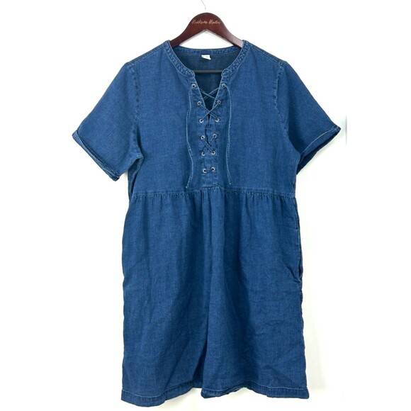 Old Navy Chambray Babydoll Tie Neck Denim Shirt Dress Short Sleeve SZ L 1150R4 - Picture 1 of 11